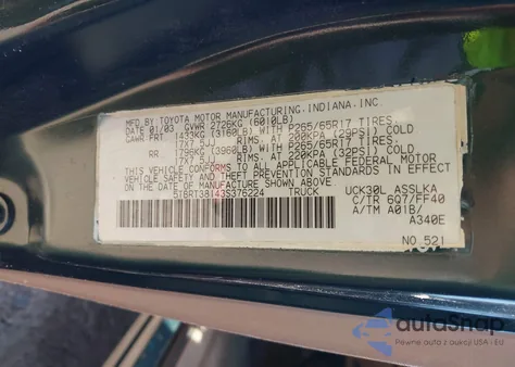 2003 Toyota Tundra Limited V8 from USA, damaged, VIN 5TBRT38143S376224